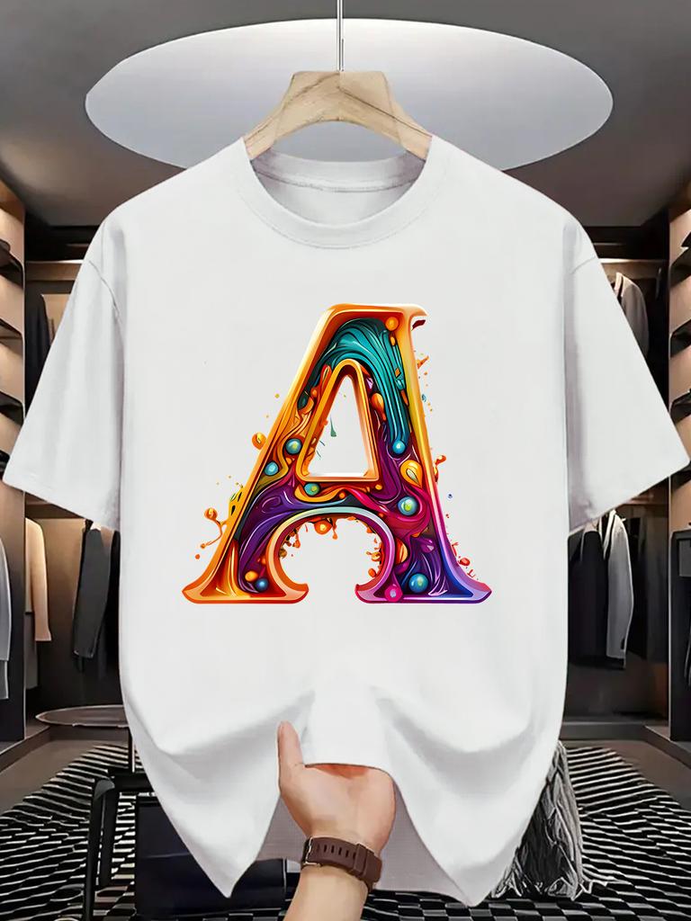Liquid Art Letter A Print Unisex Short Sleeve Tshirt Colorful Alphabet Pattern O Neck Tee Modern Art Male Street Fashion Tops