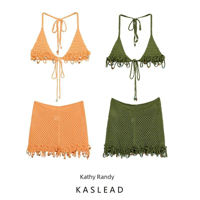 Kaslead New Women Clothes Western Style Handmade Pearl Crochet Top Cami Shorts Set