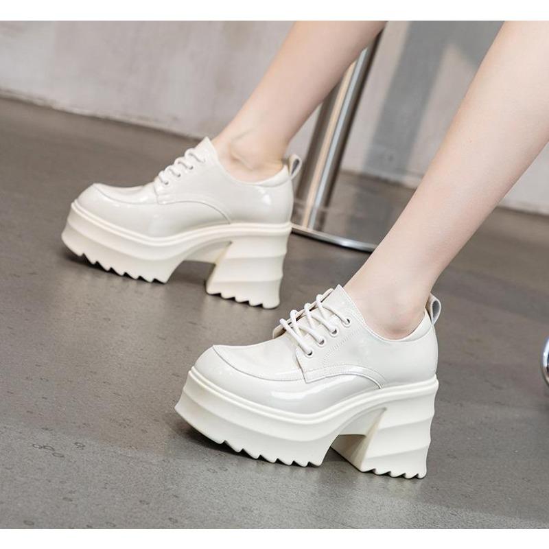 Women Platform Square Heels Leather  Lace-up Oxford Women Party Role Play Uniform Dress Shoes Woman Fashion High Heels