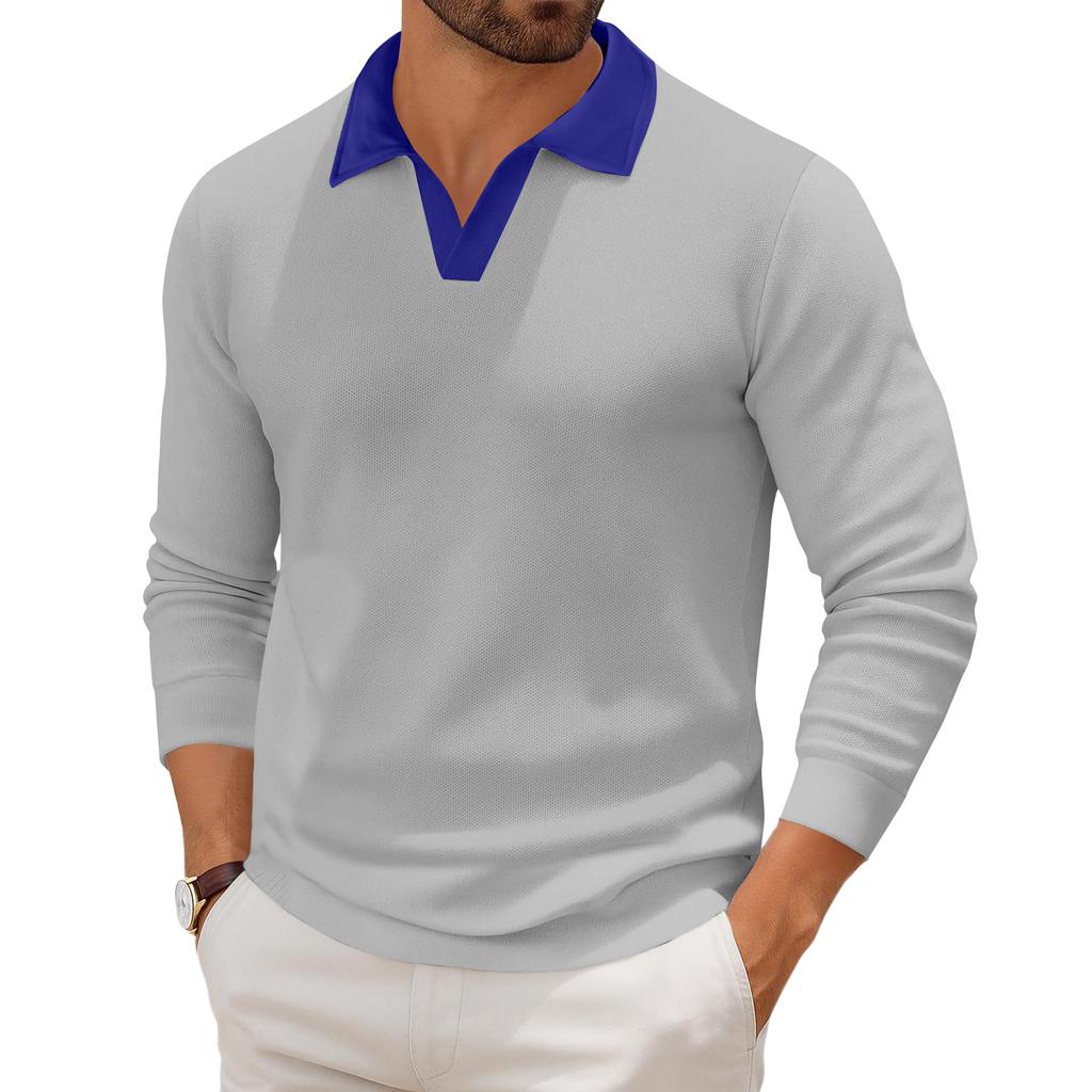 Men's Casual Color-Block Collared Long-Sleeve Knit Base Layer Top