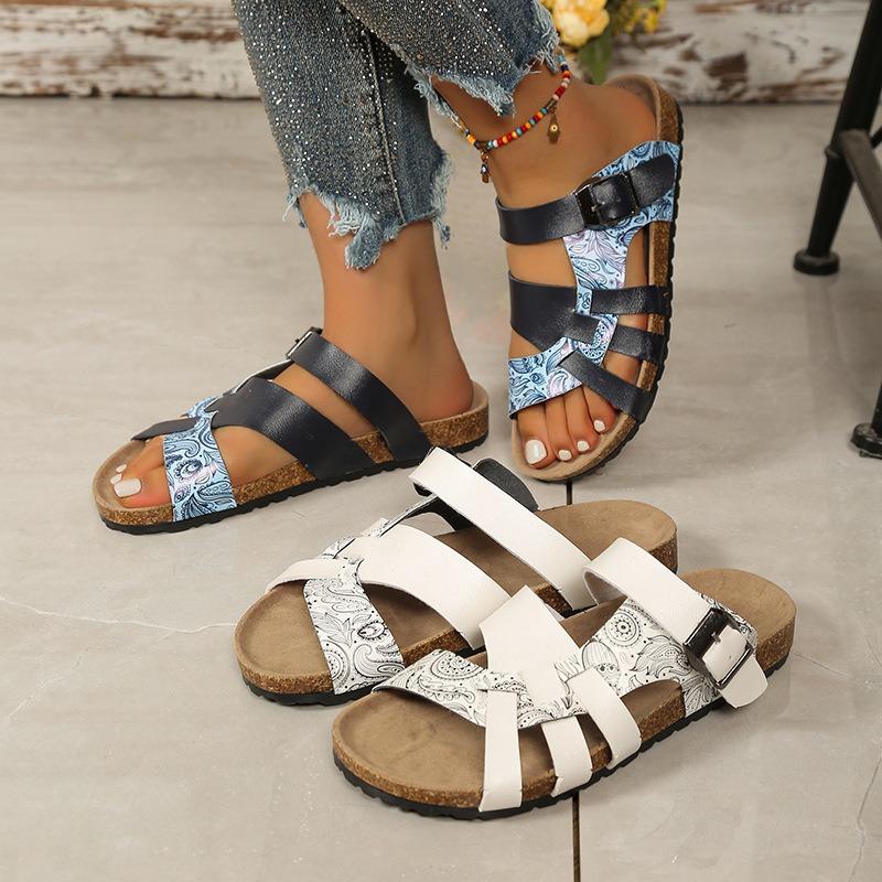 Large Size Summer New Fashion Outer Slippers Women's Flat Bottom Comfortable Casual Cork One-word Drag Lazy Slippers
