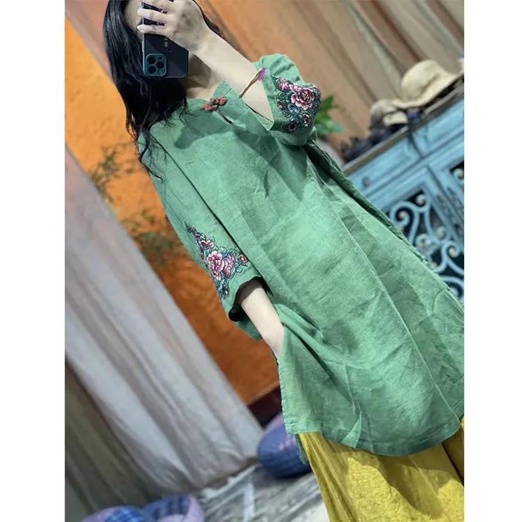 Women's Summer Seven Sleeve Vintage Dress Ethnic Style Embroidery Plate Button Skirt