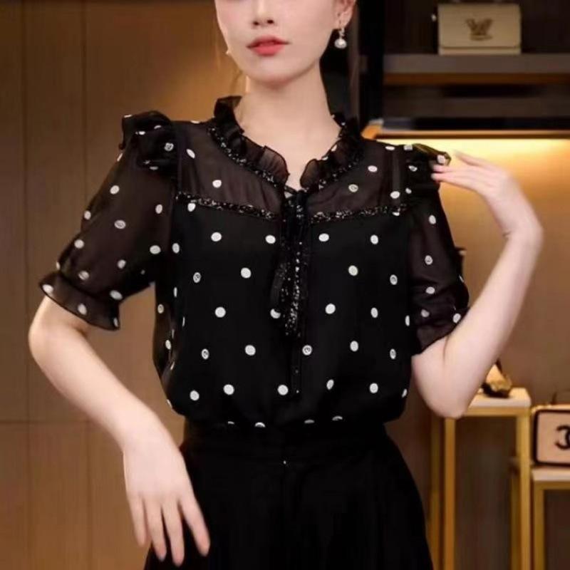 

Female Summer Breathable French Style Shirt with Black Fungus Edge Temperament Top 3XL