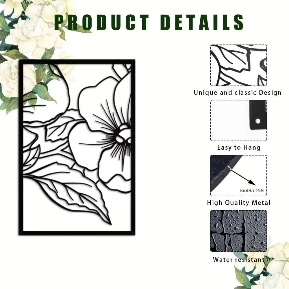 3dílná kovová nástěnná sada s květem hrušky - černé čtvercové moderní sochy | Stylová domácí dekorace do kanceláře, kuchyně a koupelny