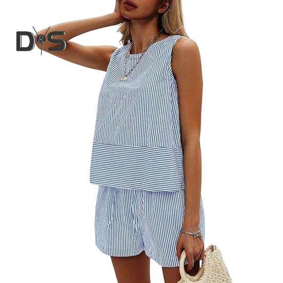 Γυναικεία καλοκαιρινά 2 τεμάχια, σετ αμάνικα σορτς με φανελάκι, casual ριγέ φόρμα, σετ για διακοπές και παραλία, ασορτί σετ