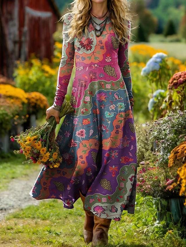 Women's Mid-Length Bohemian Retro Print A-line Dress for Holidays