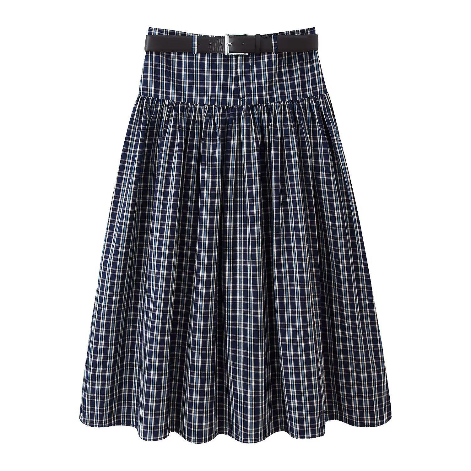 PB&ZA Women s Autumn European Style Plaid Midi Skirt with Belt L