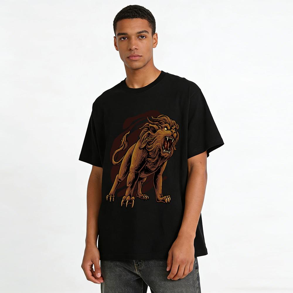 Roaring Lion Print Vintage Style Casual Loose Crew Neck T-Shirt Pure cotton T-shirt