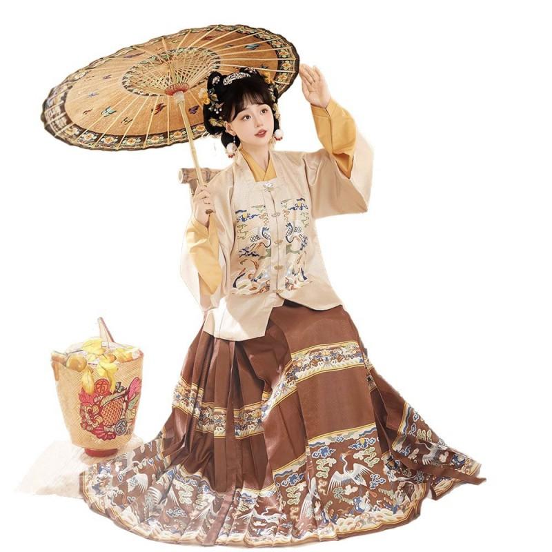 Traditional Chinese Ming Dynasty Style Hanfu Set: Floral Jacquard Square Collar Short Sleeve Jacket Horse Face Skirt Women