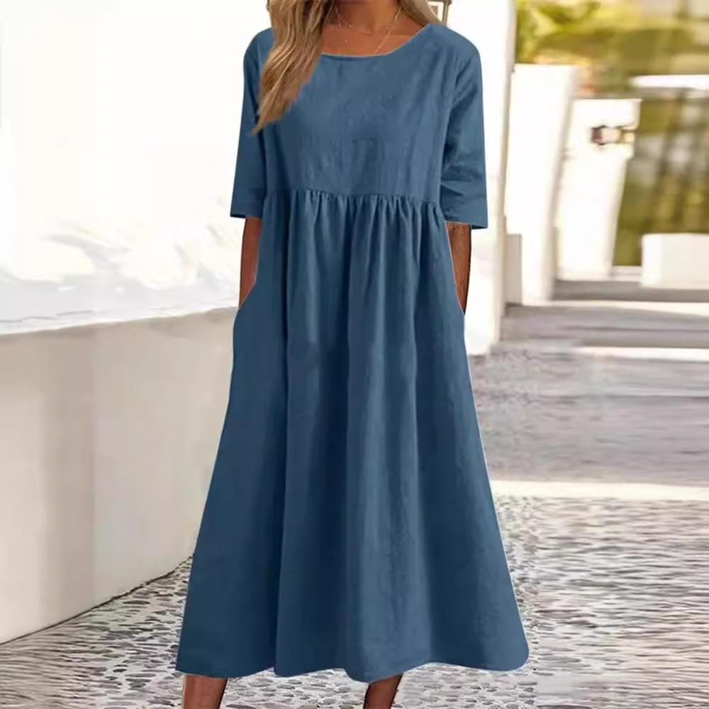 O-neck Short Sleeve Dress Spring Summer Fashion Elegant Loose Solid Dresses For Women