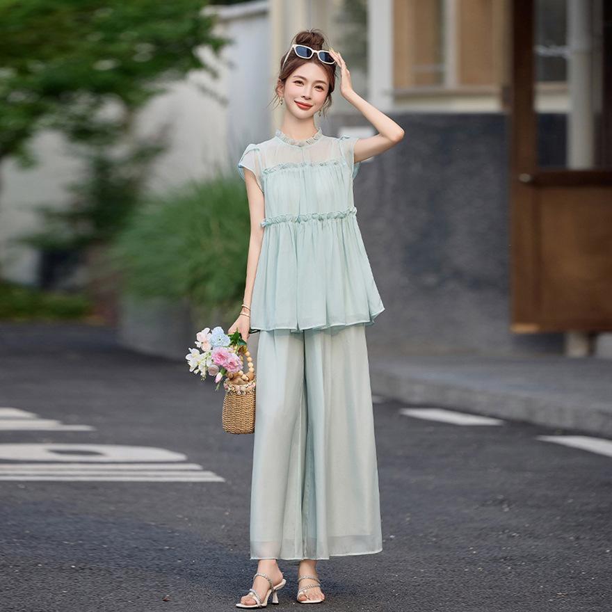 

Новый модный костюм женский летний наряд темпераментный свободный и стройнящий широкие брюки двойка трендовый XL зелёный