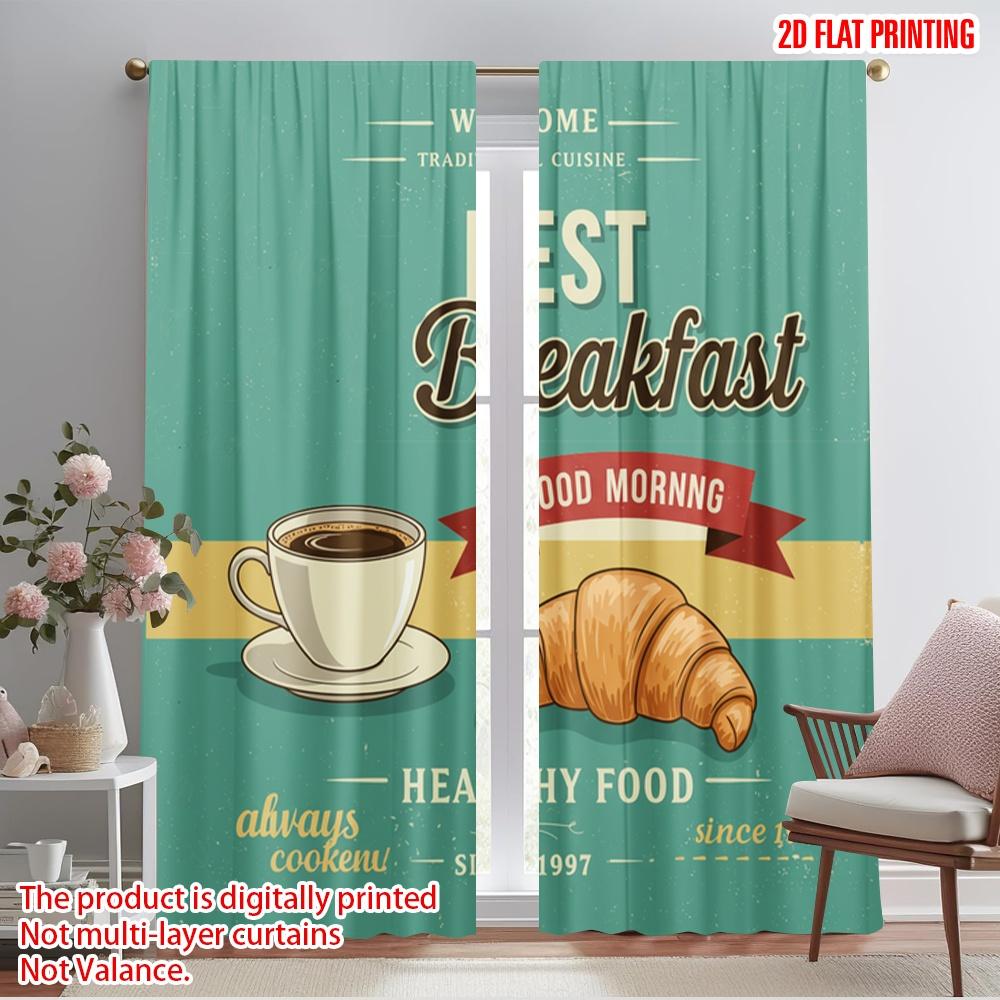

2pcs 2D flat printing Window Curtains Breakfast Coffee Croissant Good Morning Fabric Without Electricity Festive Wall Decor for 52.50×116.00 CM 2pcs