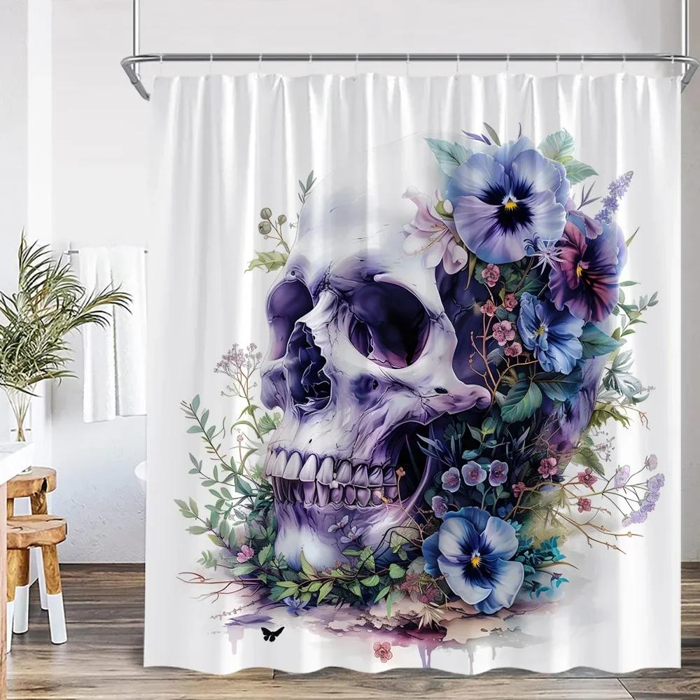 Funny Floral Skull Shower Curtain Bathroom Decoration Happy Halloween Polyester Shower Curtain with Hook