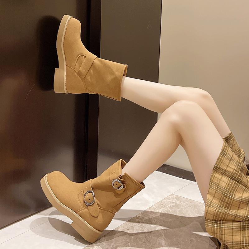 Boots stacking boots polished retro thick heel medium tube thick-soled locomotive buckle belt short boots women's inner height increase Martin boots