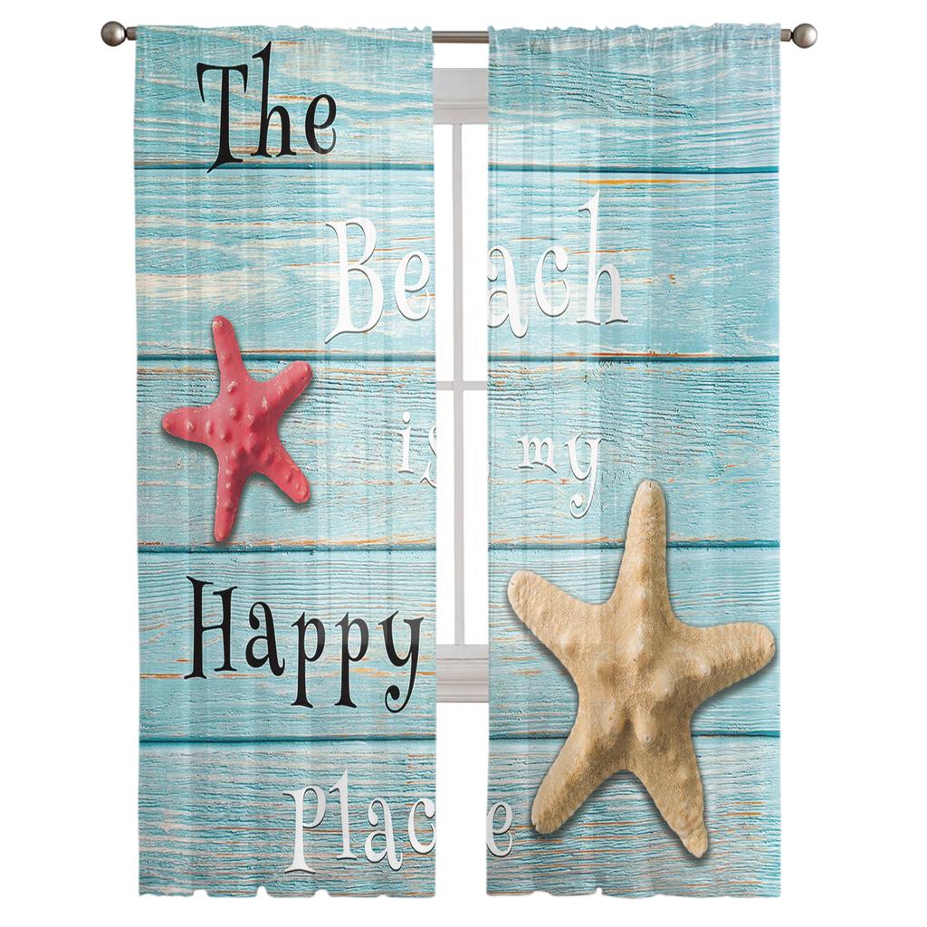 Wood Grain Beach Text Starfish Curtain For Living Room Transparent Tulle Curtains Window Sheer For The Bedroom Accessories Decor
