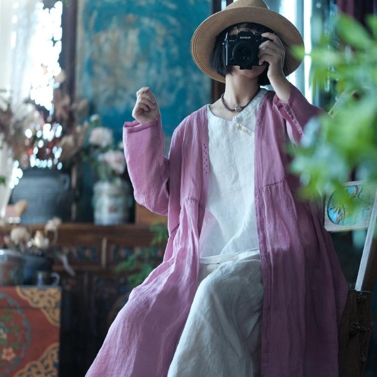 

Chinese Style Vintage Trench Coat Women Long Sleeve V Neck Solid Color Autumn Cardigan Coats One Size рожевий