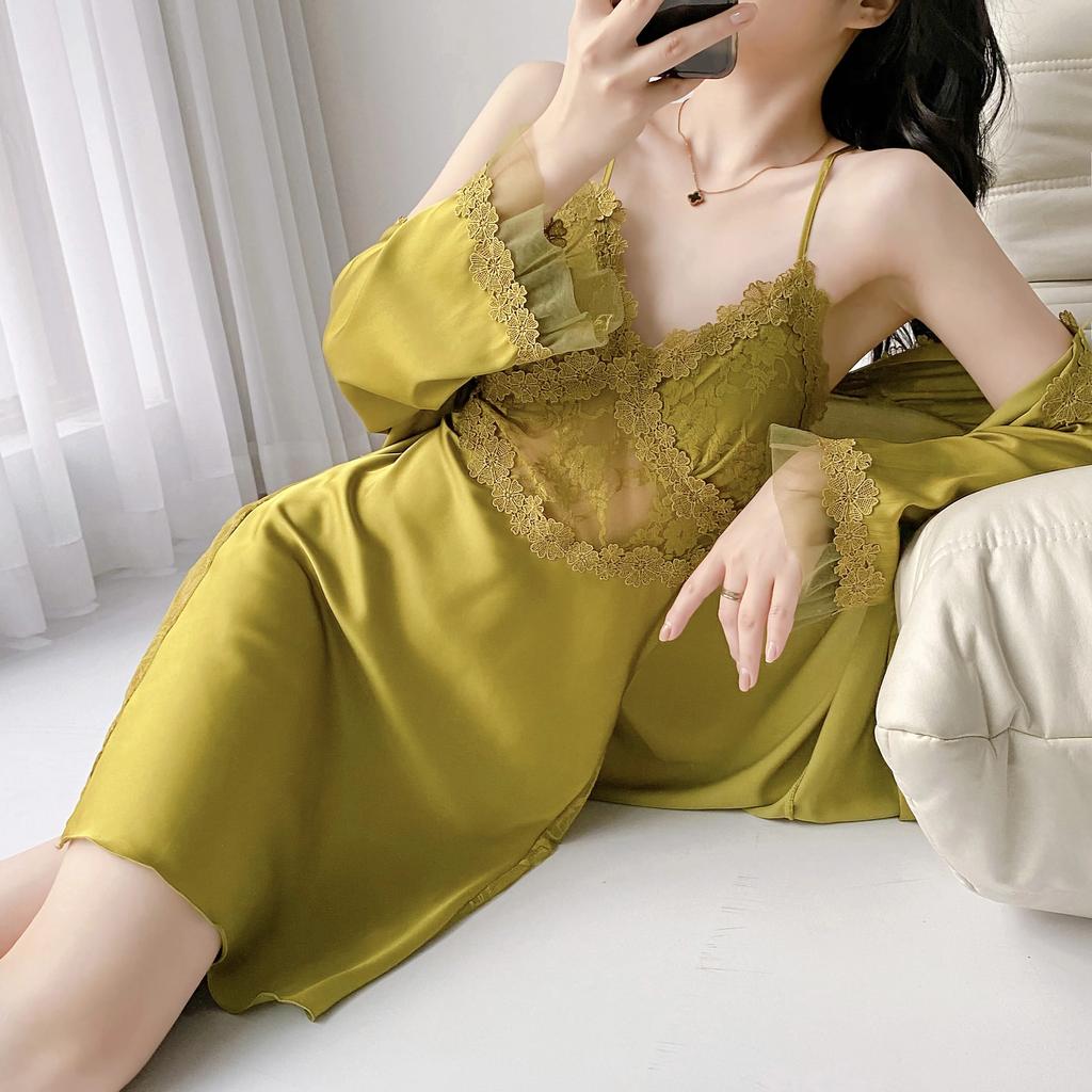 Jedwabne szlafroki damskie, seksowna koronkowa bielizna z głębokim dekoltem w serek i odkrytymi plecami, wyściełany zestaw szlafroka do spania z paskiem do wiązania do domu