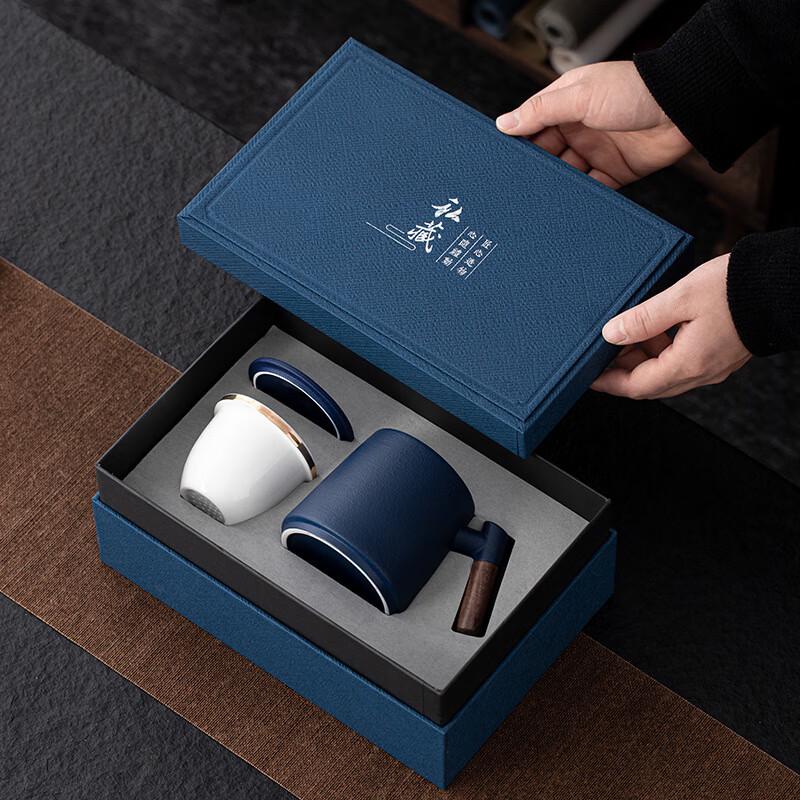 

Blue Ceramic Water Cup with Wooden Handle