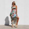New European and American sexy suspender graffiti linen print large pendulum dress for women