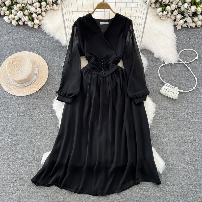 

Spring and Autumn French Tea Break First Date Bubble Chiffon Dress Black All yards