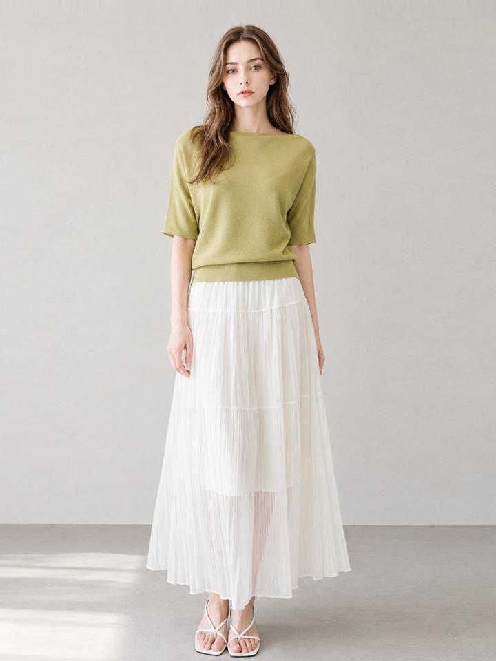 PAIGEFLYNN Boat Neck Ribbed Knit Chiffon Skirt Set_S6Bse008C