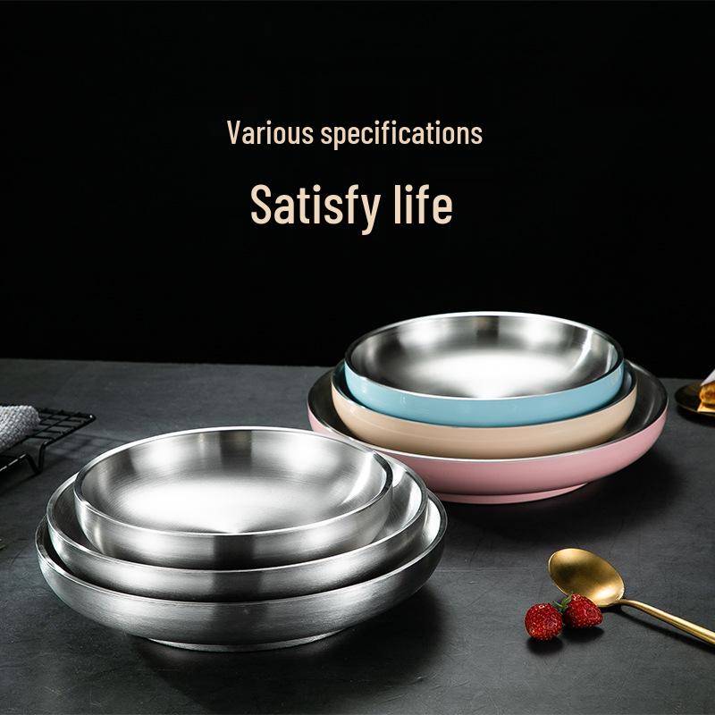 304 Stainless Steel Deepened Double-Layer Round Plate - Steak, Dessert, and Fruit Dining Plate