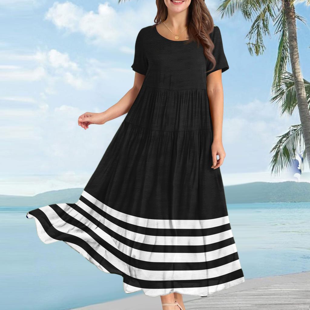 Women's Casual Loose Bohemian Striped Printed Short Sleeve Dress