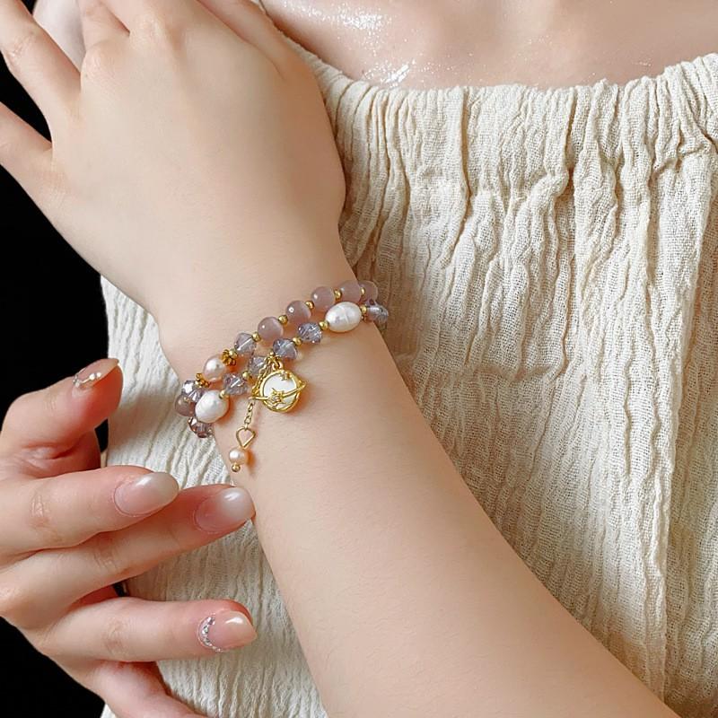 Layered Cats Eye Stone Pearl Bracelet Women Irregular Geometric Design Gold Pink Tone Lightweight Luxury Fashion Accessory