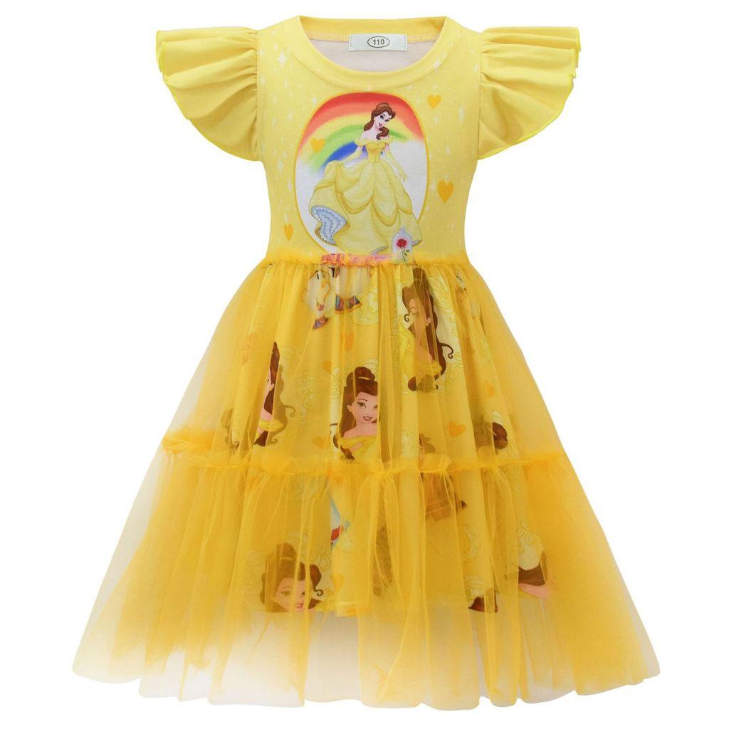 98034 Kids Girls Belle Princess Print Round Neck Mesh Dress 110 жёлтый