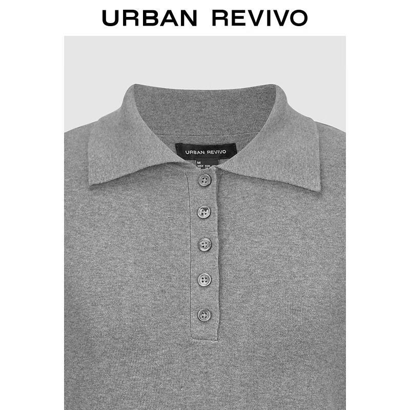 UR 2025 Autumn Women's Grey Button Cropped Polo Knit Top