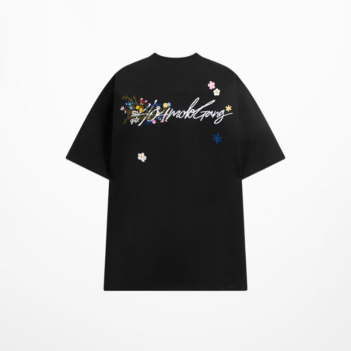 

Unisex Gray Floral Embroidered Short Sleeve Heavyweight Cotton T-Shirt L чёрный