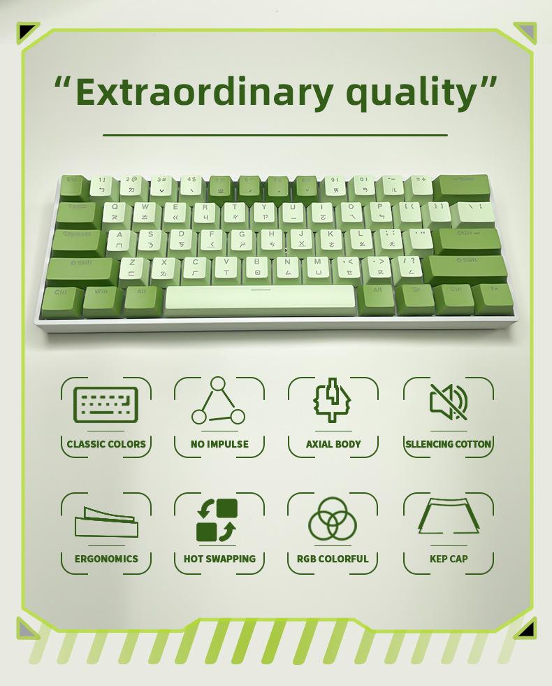 Taiwan Matcha Themed H61 Mini Mechanical Keyboard with Blue Switches, Wired/Wireless, Hot-Swappable, Traditional Chinese Pinyin Layout
