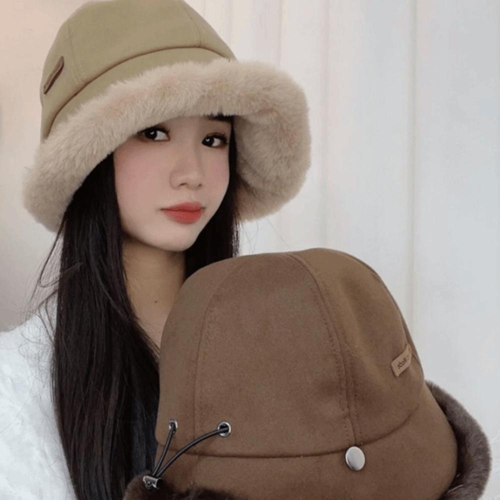Wide Brim Fluffy Fur Bucket Hat Windproof Warm Cap Kawaii Winter Fisherman Hat  Streetwear