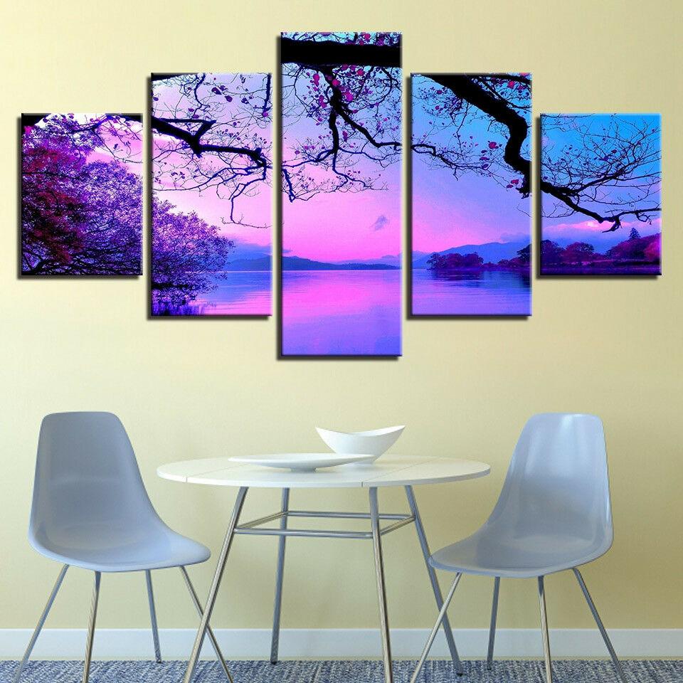 No Framed PurpleSunset Tree Lake 5 Piece Wall Art Canvas Print Posters Paintings Oil Painting Living Room Home Decor Pictures