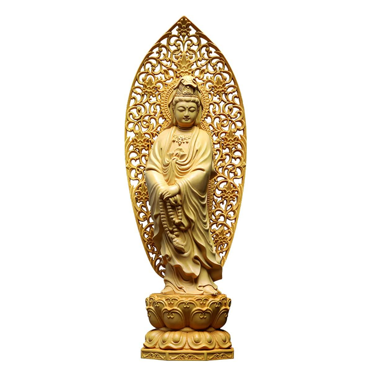 Buddhist statue, Kannon statue, Standing Kannon Bodhisattva statue, Buddhist altar statue, Wooden carving, Ornament, Arabesque halo, Boxwood, For pray