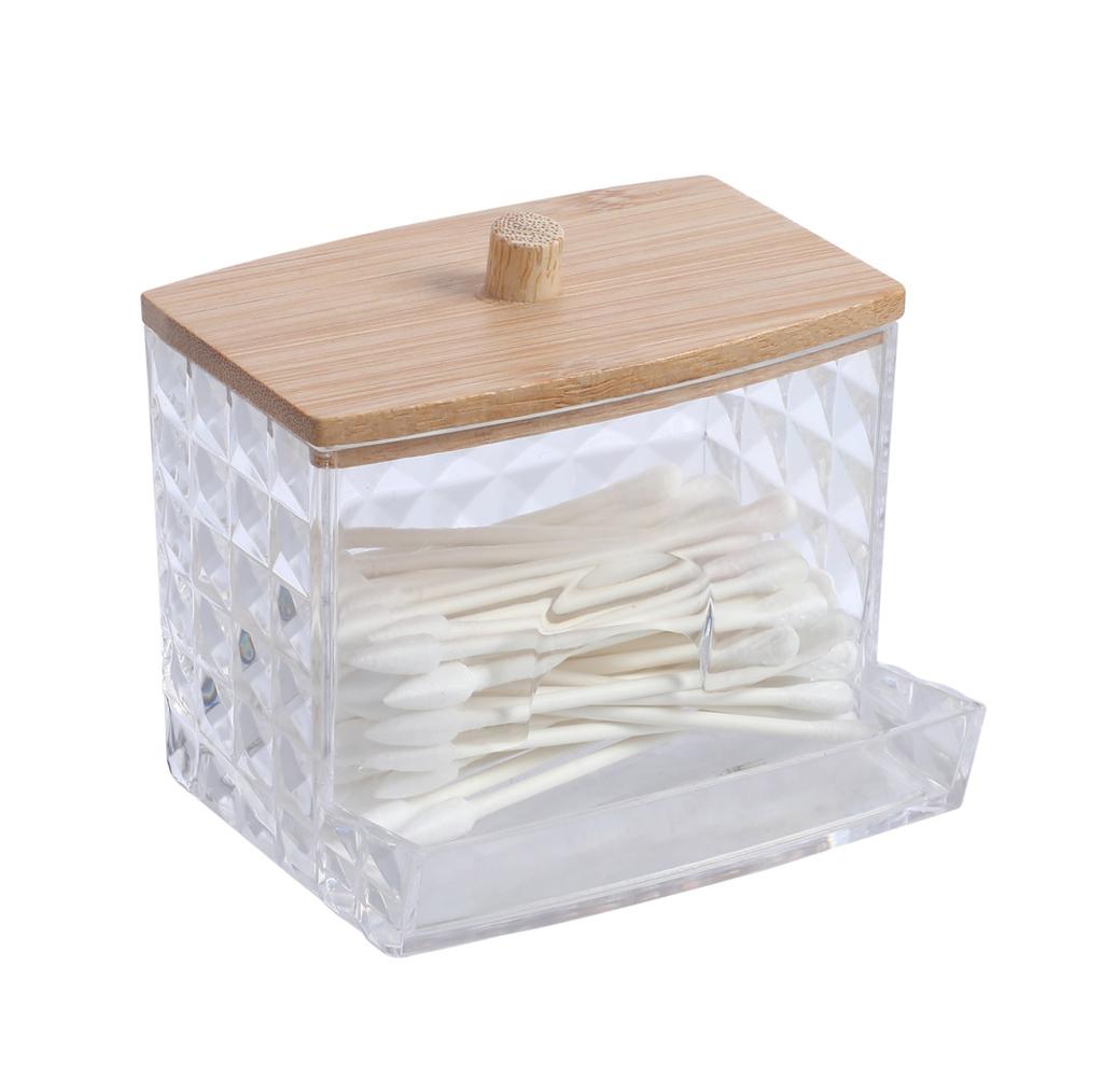 Acrylic Storage Box Bathroom Jar Makeup Organizer Cotton Round Pad Holder Cotton Swab Box Qtip Holder Dispenser with Bamboo Lid