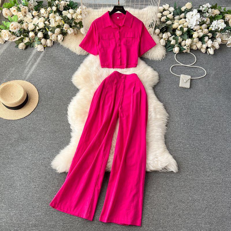 

Age Reducing Lightly Mature Short Sleeve Tops Casual High-Waist Blouse Rose Red XL