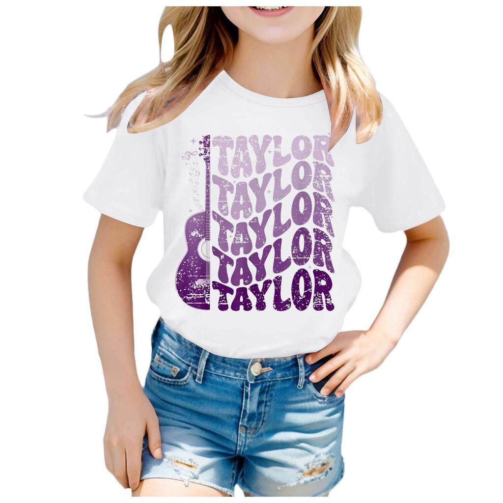 Summer Round Neck 3D Guitar Printed Top Fashionable Casual Short Sleeved Children's Girl T-shirts