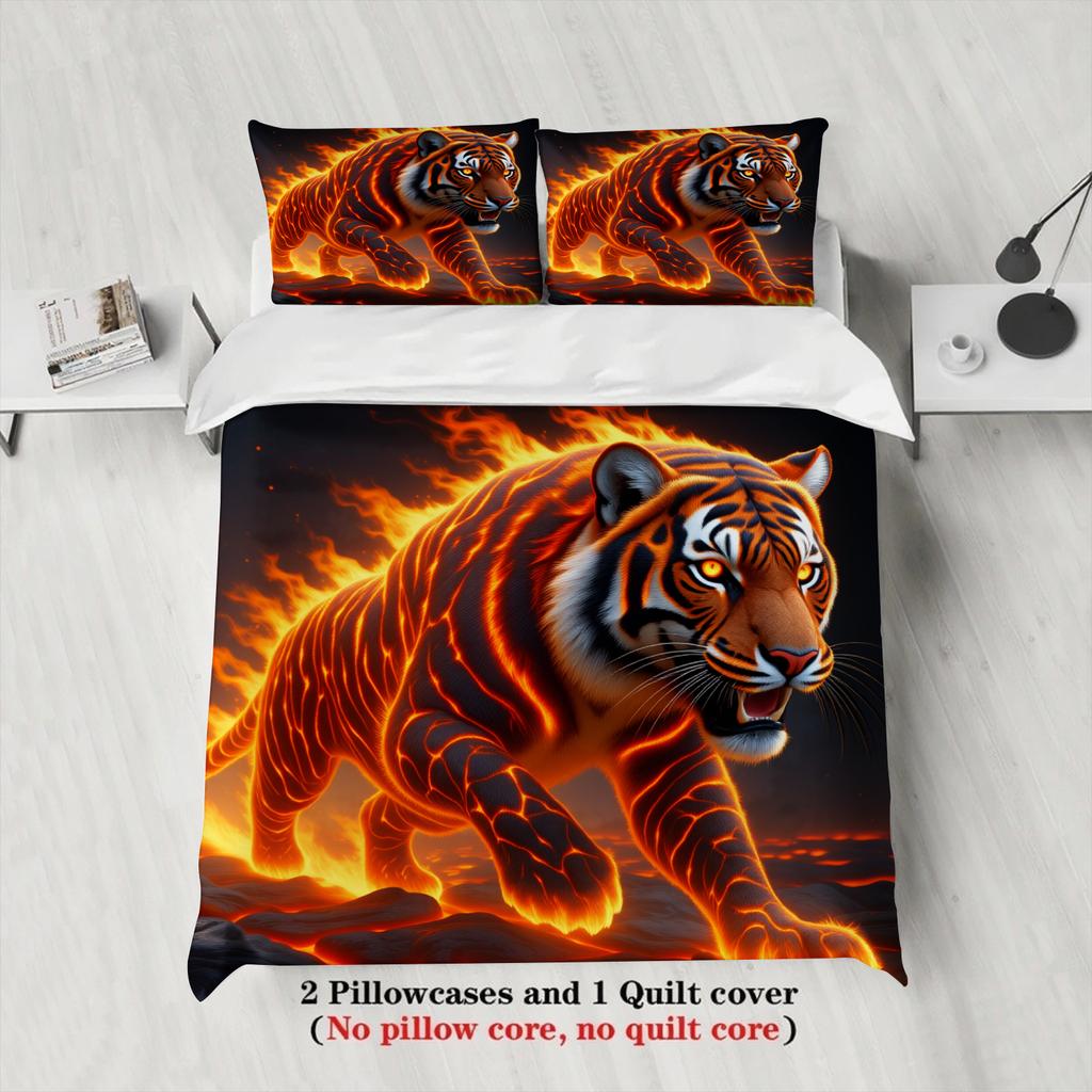 3pcs Tiger Bedding Sets 3D Printed Fire Tiger Wrinkle Resistant Breathable Duvet Cover Sets With Pillowcases No Filling