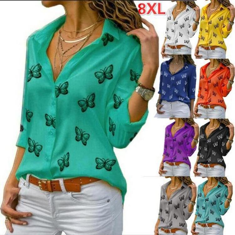 Butterfly Print Lapel Style Shirt Women Loose Fit