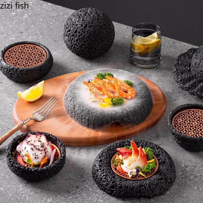 Meteorite Textured Cement Dining Plate Barbecue Plate Dry Ice Plate Sashimi Plates Sushi Dish Dessert Dish Specialty Tableware