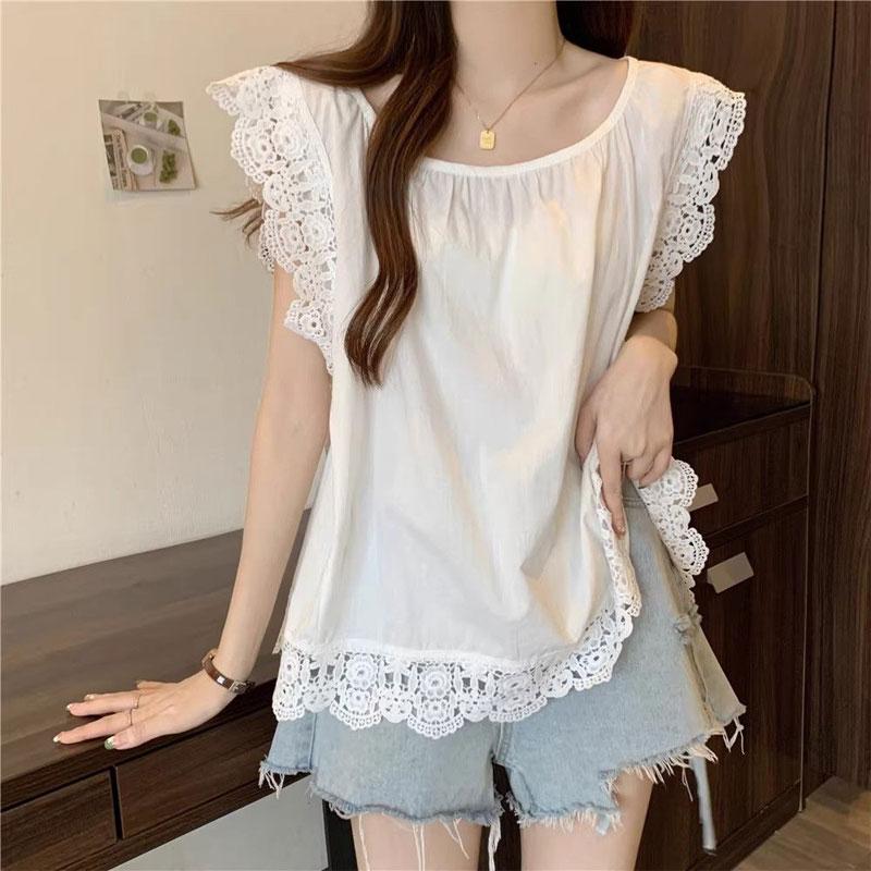 Casual Lace Flying Sleeve Blouse Women's Clothing Sweet Solid Color Summer Basic Sleeveless French Style Spliced Loose Shirts