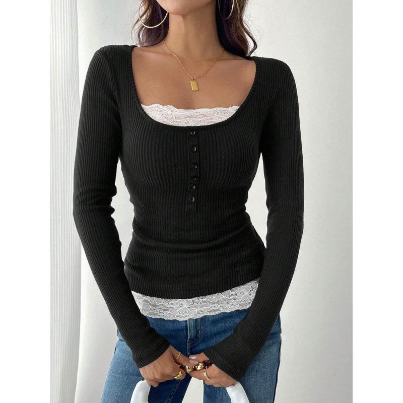 Women s Square Neck Button Lace Slim-Fit Knitted Top Knitted Sweater Hollow Long Sleeves S чёрный
