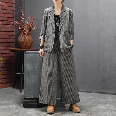 Women's Spring Autumn Retro Style with Long Sleeves Loose Two-piece Set Jacket + Trousers 2 Pieces Set Leisure Suit