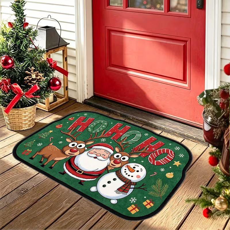 Cartoon Reindeer Christmas Doormat Green Plush Snowflake Candy Cane Non Slip Washable Entryway Rug Indoor Home Decor