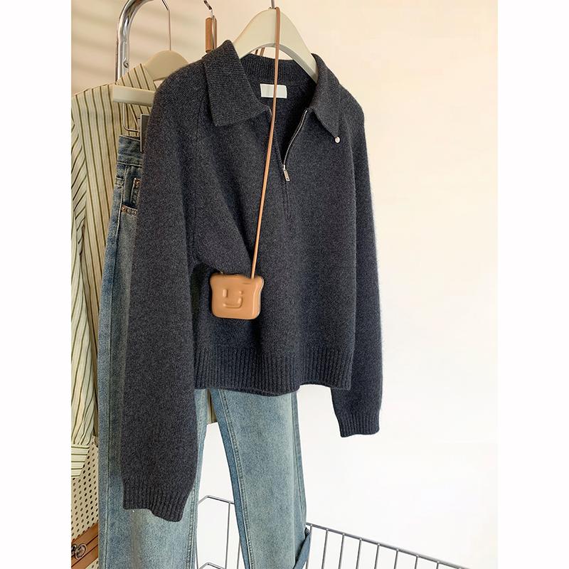 Fall Winter Pullover Women Style Refined Shell Button Turn Down Collar Long Sleeve Premium Half Zip Knit Sweater