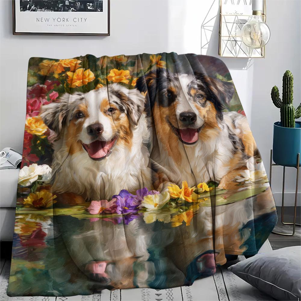 Two Australian Shepherds,pattern Flannel Blanket, High quality Comfortable for All Seasons, Home Decor, Warmth and Comfort, Perfect for Gifts.