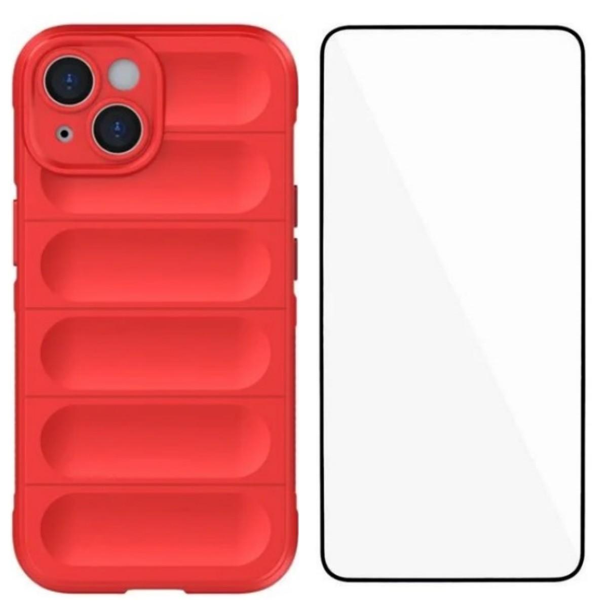 

For iPhone 15 Plus TPU Case WANLONFENG HD Series Anti Slip Phone Cover with Tempered Glass Red