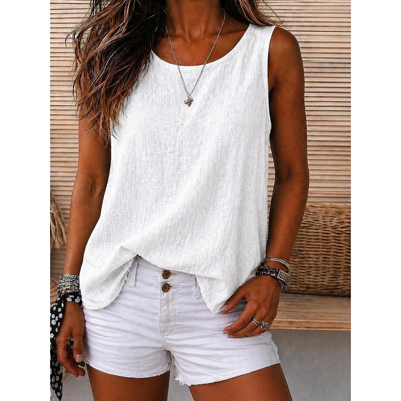 Women's Vintage Washed Round Neck Sleeveless Tank Top Casual Black White Sky Blue Orange Violet Summer Spring