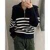 Autumn Winter Fashion Striped Zippered Lapel Long Sleeve Loose Casual Knitted Sweater for Women